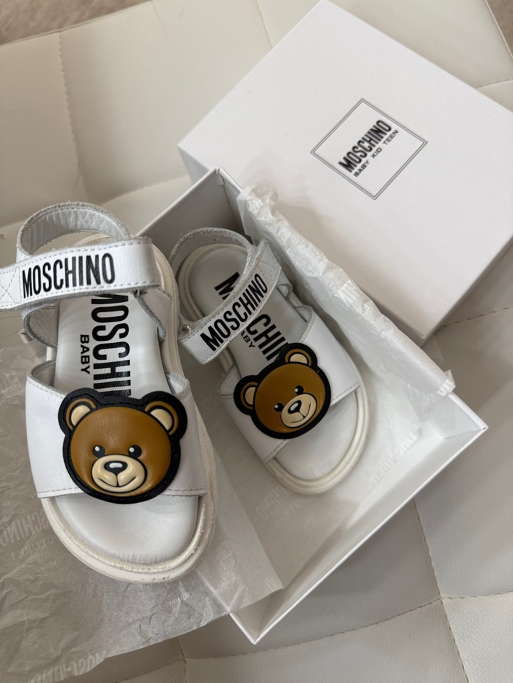 Moschino White Kids Sandals with Brown Teddy Applique